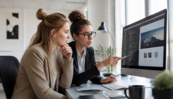 Dos mujeres, diseñadora web y programadora, revisando una web en la pantalla de un Mac