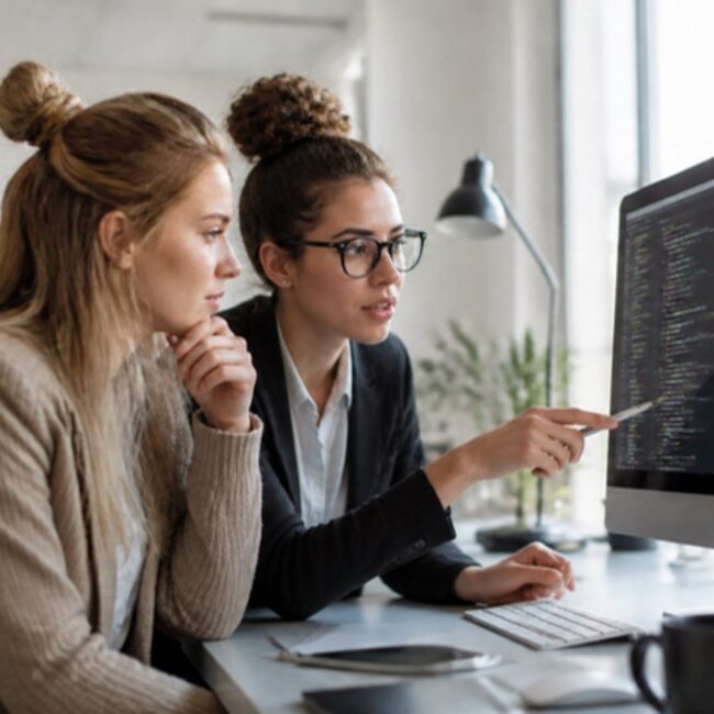 Dos mujeres, diseñadora web y programadora, revisando una web en la pantalla de un Mac