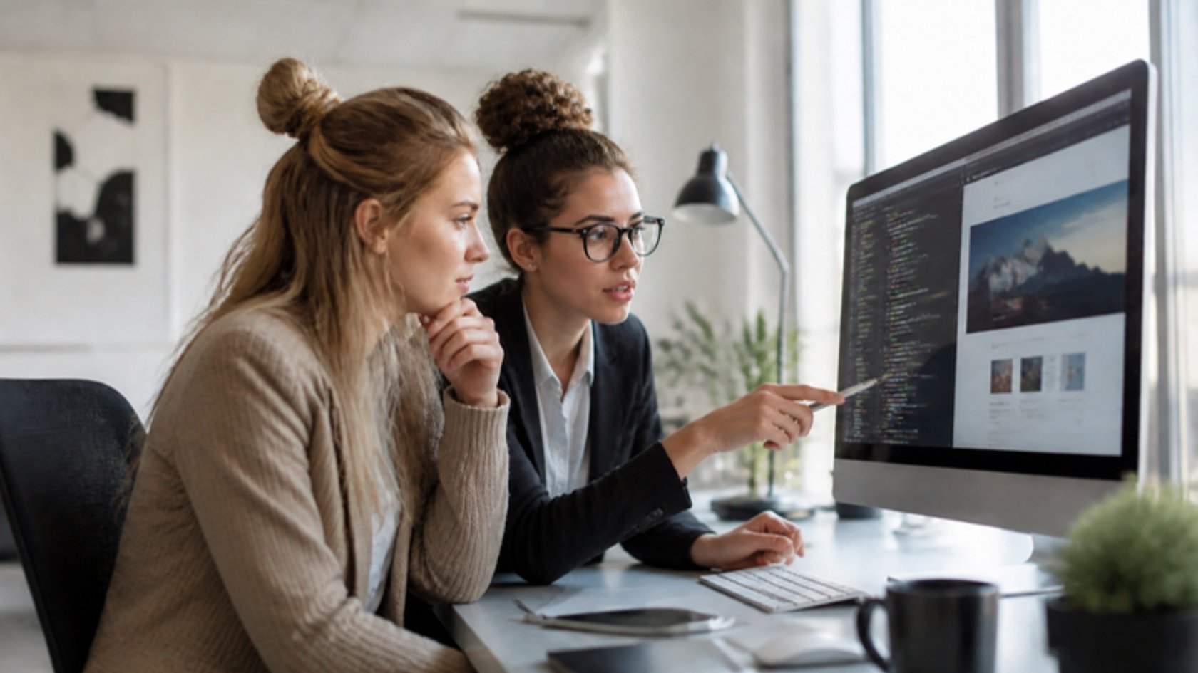 Dos mujeres, diseñadora web y programadora, revisando una web en la pantalla de un Mac