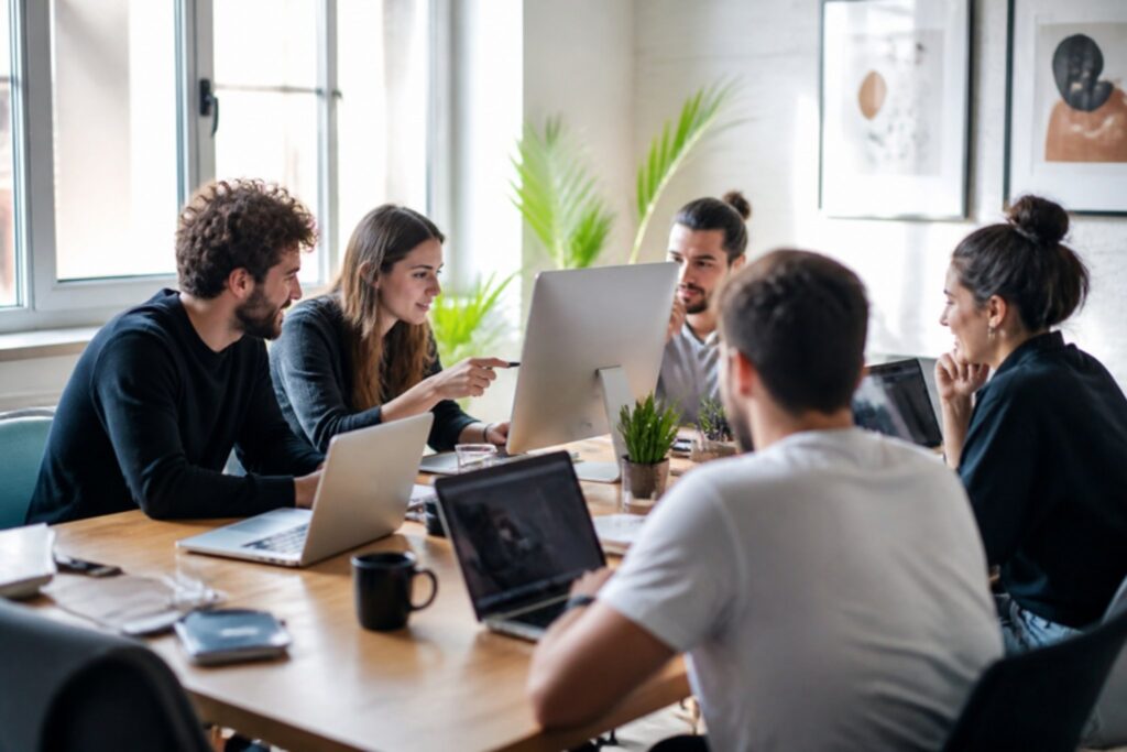 Equipo joven de una agencia de marketing trabajando con ordenadores en la oficina